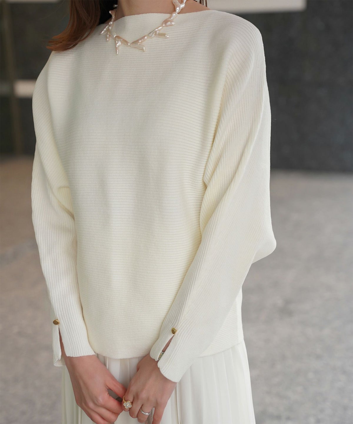 レディース ボートネック 袖 春/アイボリー/ピンク/グレー/ブラック/M/スリット/長袖