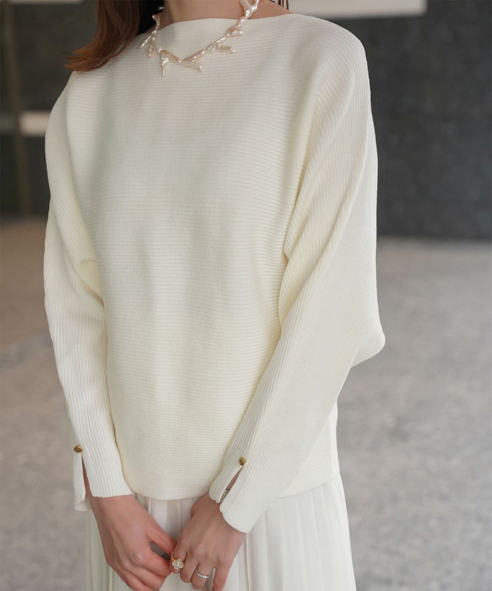 レディース ボートネック 袖 春/アイボリー/ピンク/グレー/ブラック/M/スリット/長袖