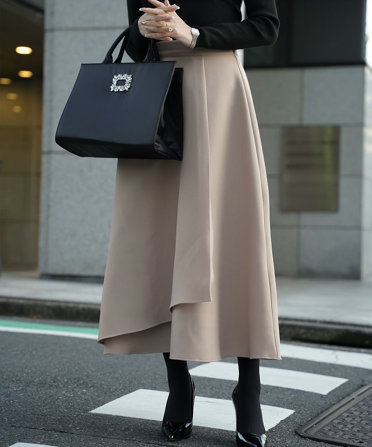 アシンメトリーデザイン ラッフル ラップスカート アイボリー/キャメル/ブラック/M