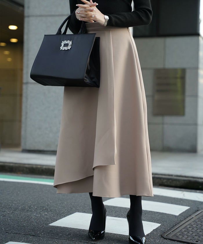 アシンメトリーデザイン ラッフル ラップスカート アイボリー/キャメル/ブラック/M