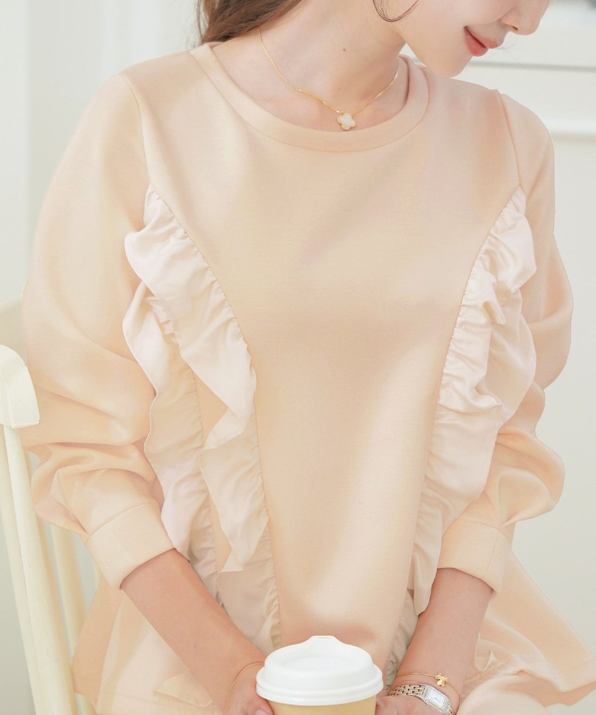 レディース/トップス/プルオーバー/カットソー/ダンボールニット/伸縮性/長袖/春/秋/冬/ワンマイル/旅行/運動会/お出かけ/オフィスカジュアル/きれいめ/動きやすい/フリル/上品/エレガント/カジュアル/フェミニン/アイボリー/ピンク/ネイビー