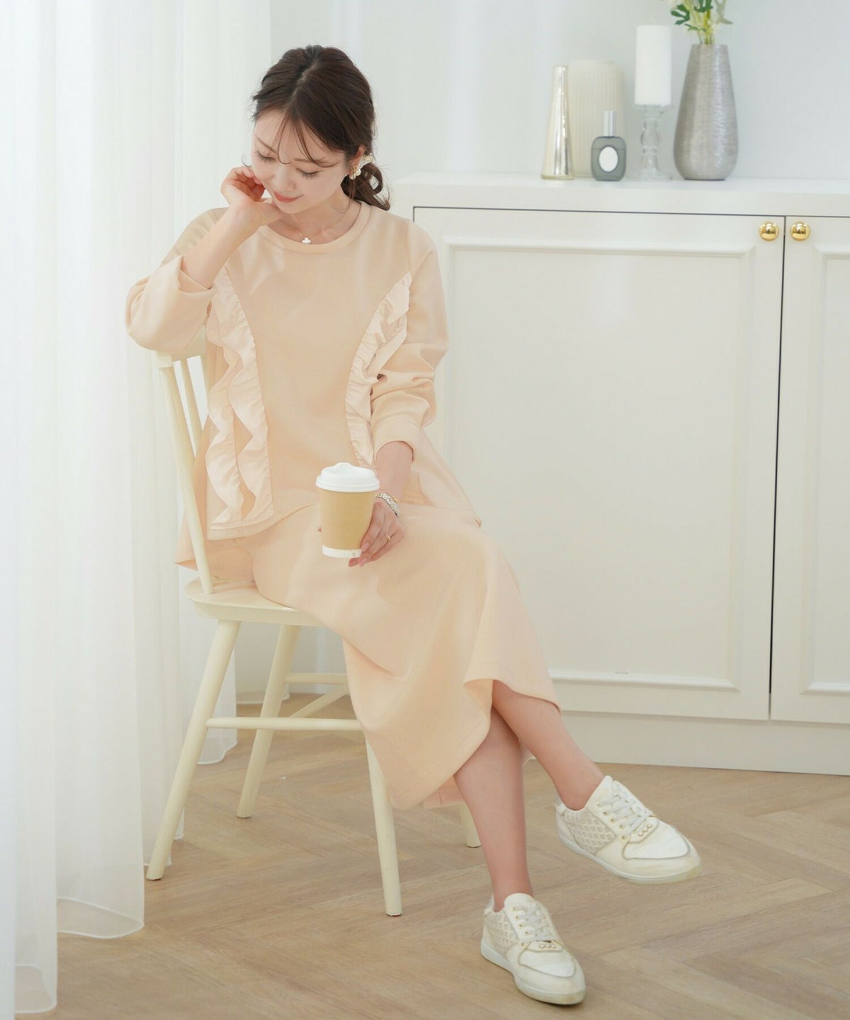 レディース/トップス/プルオーバー/カットソー/ダンボールニット/伸縮性/長袖/春/秋/冬/ワンマイル/旅行/運動会/お出かけ/オフィスカジュアル/きれいめ/動きやすい/フリル/上品/エレガント/カジュアル/フェミニン/アイボリー/ピンク/ネイビー