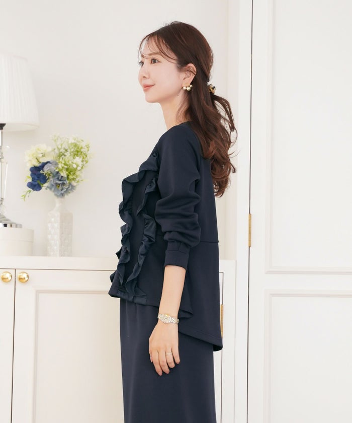 レディース/トップス/プルオーバー/カットソー/ダンボールニット/伸縮性/長袖/春/秋/冬/ワンマイル/旅行/運動会/お出かけ/オフィスカジュアル/きれいめ/動きやすい/フリル/上品/エレガント/カジュアル/フェミニン/アイボリー/ピンク/ネイビー