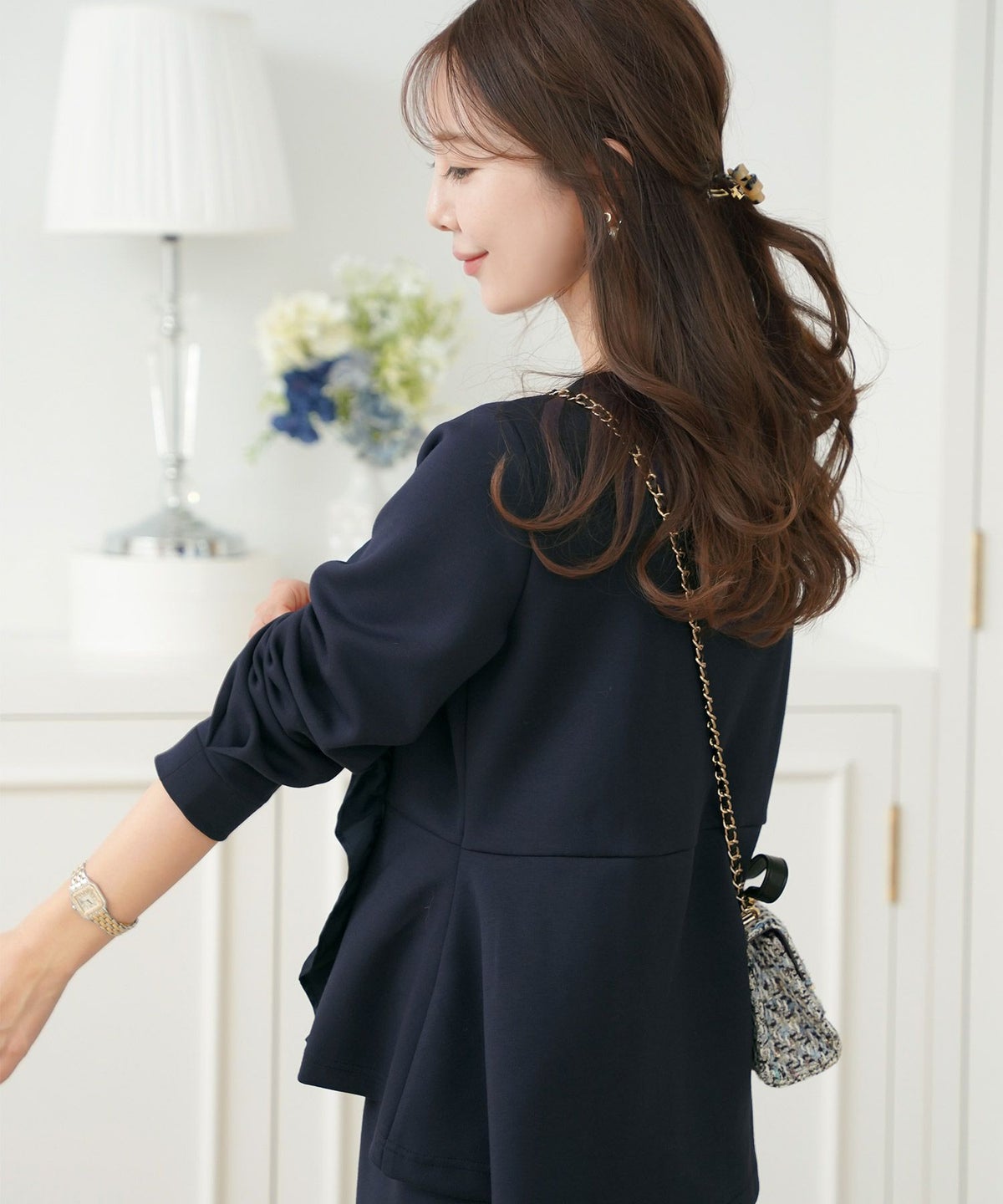 レディース/トップス/プルオーバー/カットソー/ダンボールニット/伸縮性/長袖/春/秋/冬/ワンマイル/旅行/運動会/お出かけ/オフィスカジュアル/きれいめ/動きやすい/フリル/上品/エレガント/カジュアル/フェミニン/アイボリー/ピンク/ネイビー