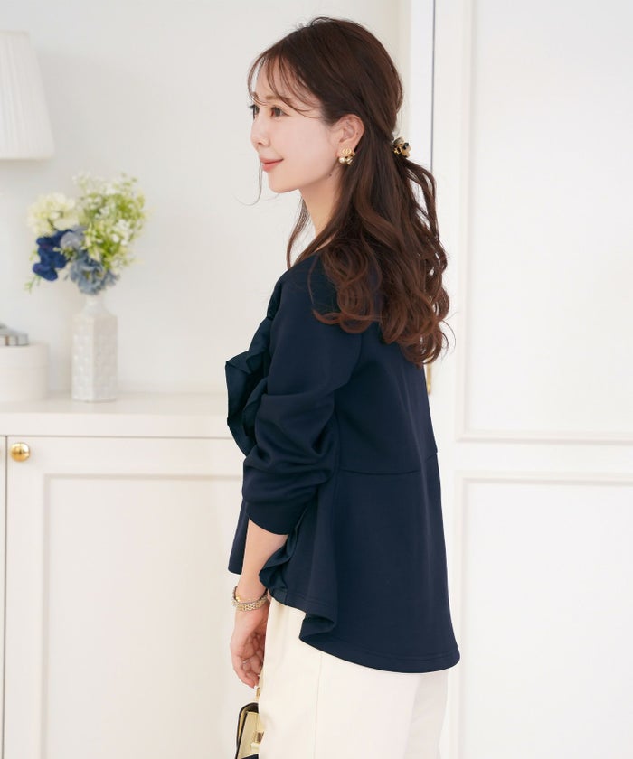 レディース/トップス/プルオーバー/カットソー/ダンボールニット/伸縮性/長袖/春/秋/冬/ワンマイル/旅行/運動会/お出かけ/オフィスカジュアル/きれいめ/動きやすい/フリル/上品/エレガント/カジュアル/フェミニン/アイボリー/ピンク/ネイビー