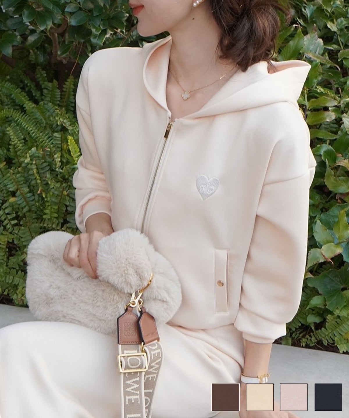 パーカー カットソー ダンボールニット 伸縮性 長袖 春 秋 冬 ワンマイル 旅行 運動会 お出かけ オフィスカジュアル エレガント カジュアル フェミニン 刺繍 ハート ロゴ アイボリー ピンク ネイビー 新色 ブラ ダンボールニット ショート丈 パーカー le reve vaniller