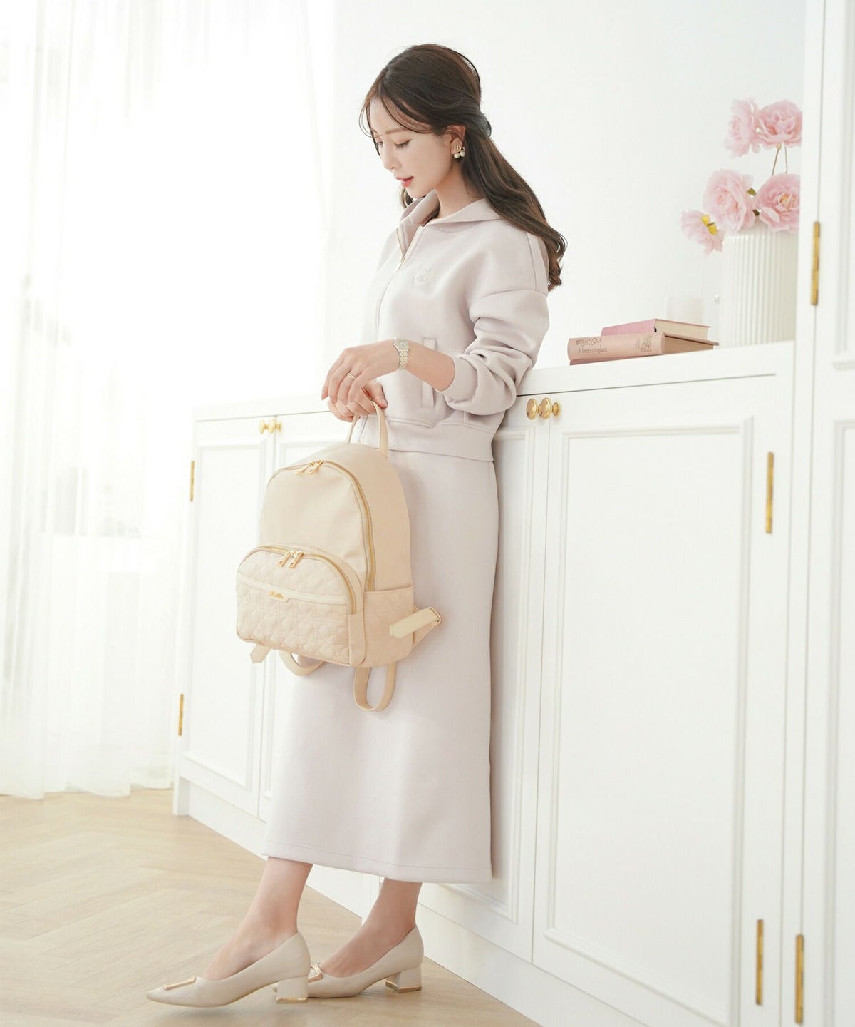 レディース/バッグ/リュック/リュックサック/マザーズ/防災/通勤/おでかけ/ママ/子連れ/おしゃれ/ハート/キルティング/かわいい/デザイン/仕事/大容量/旅行/多機能/ピンクベージュ/ブラック/汚れにくい/撥水/ナイロン/上品/フェミニン/大人