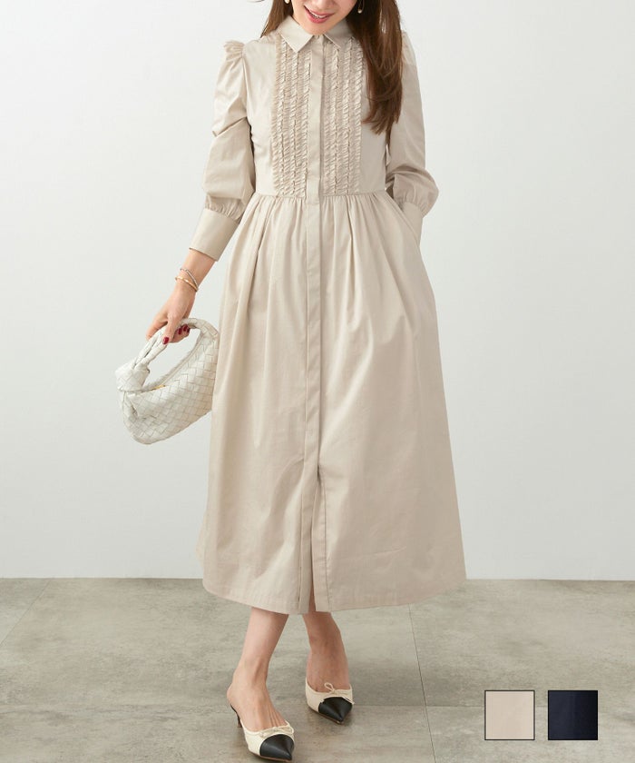 手洗い可レディースワンピースきれいめオフィス上品長袖フリルくるみボタン春秋ジョイントスペース フリル シャツ ワンピース Liala×PG