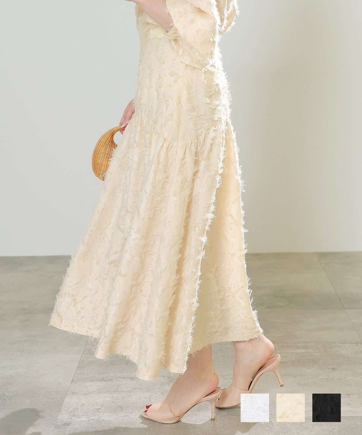 手洗い可 セットアップ対応可 ジャガード素材 フェミニン 春 上品 大人可愛い ミドル丈 エレガント きれいめ ジョイントスペース フリンジ フレア スカート Liala×PG