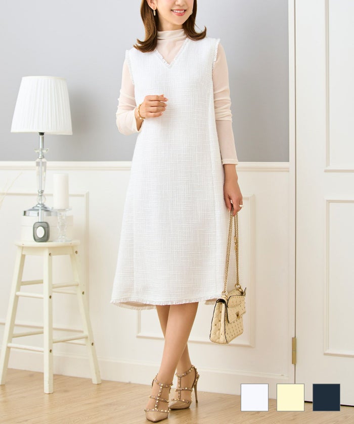 ツイード ワンピース 生地 レディース きれいめ 春秋 人気 おしゃれ 大人 服 かわいい 白 ジョイントスペース 2WAY ツイード ジャンパー スカート Prima Scherrer