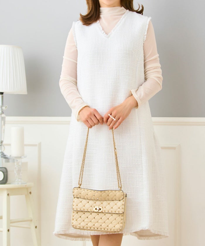 ツイードワンピース生地レディースきれいめ春秋人気おしゃれ大人服かわいい白ジョイントスペース