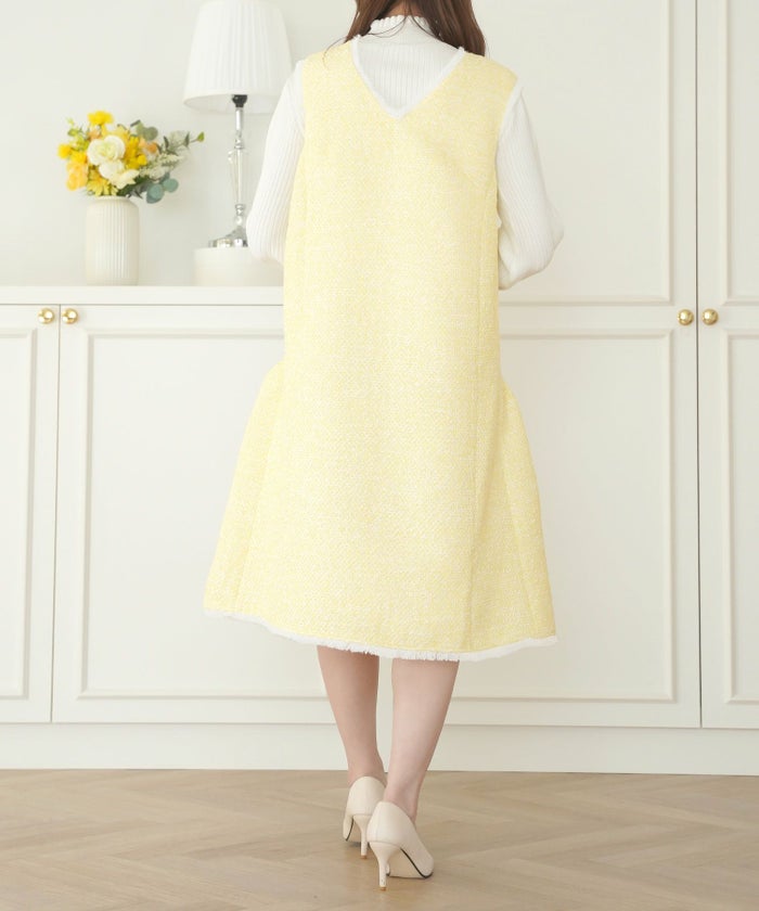 ツイードワンピース生地レディースきれいめ春秋人気おしゃれ大人服かわいい白ジョイントスペース