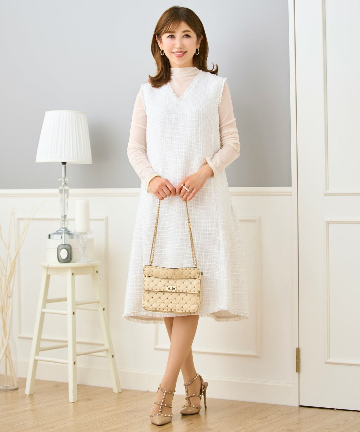 ツイードワンピース生地レディースきれいめ春秋人気おしゃれ大人服かわいい白ジョイントスペース