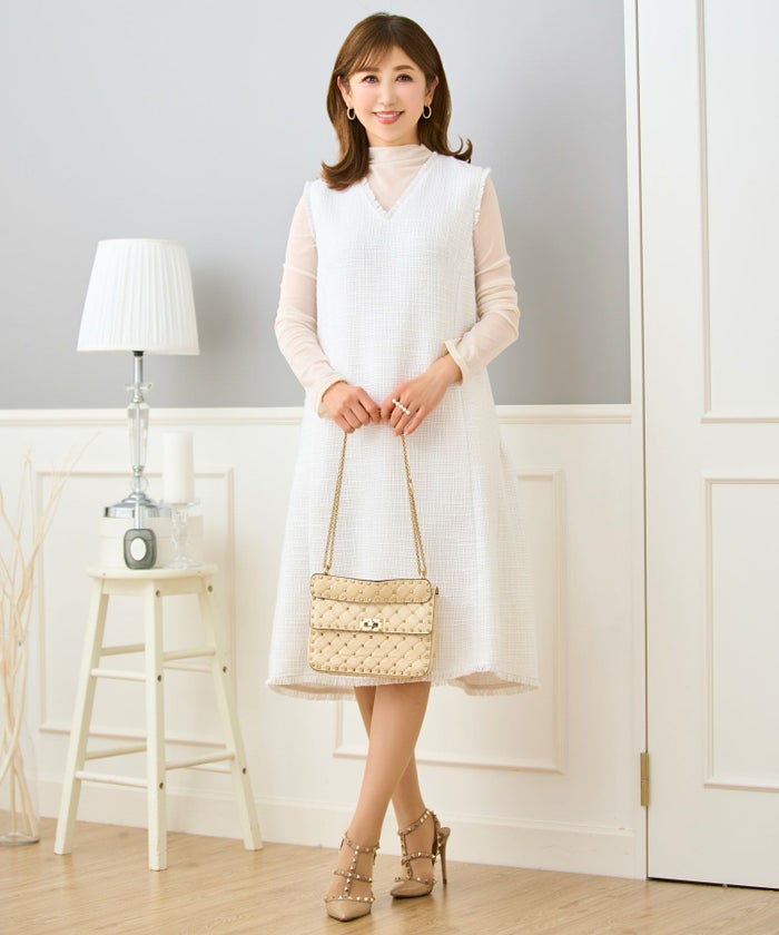 ツイードワンピース生地レディースきれいめ春秋人気おしゃれ大人服かわいい白ジョイントスペース