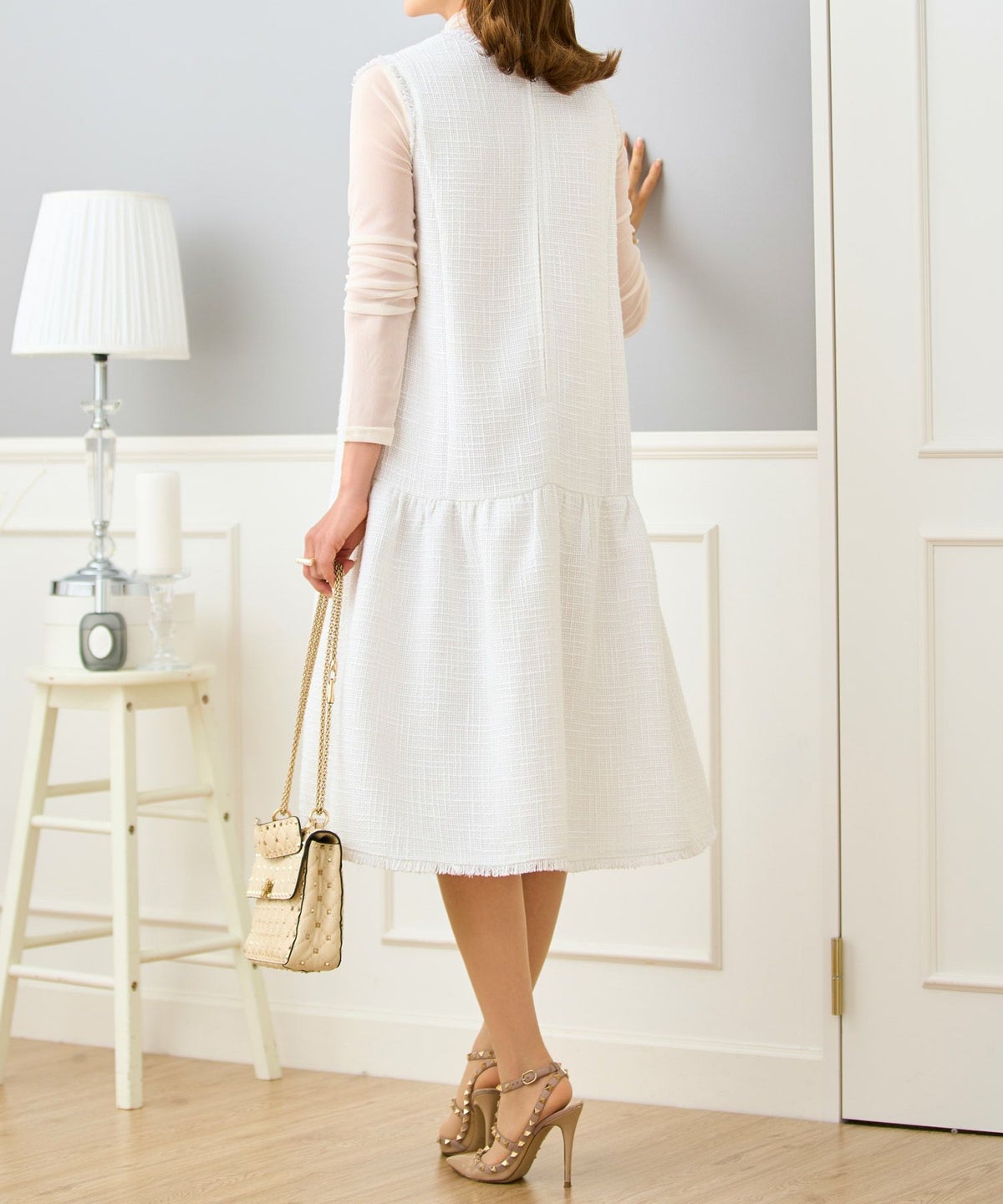 ツイードワンピース生地レディースきれいめ春秋人気おしゃれ大人服かわいい白ジョイントスペース