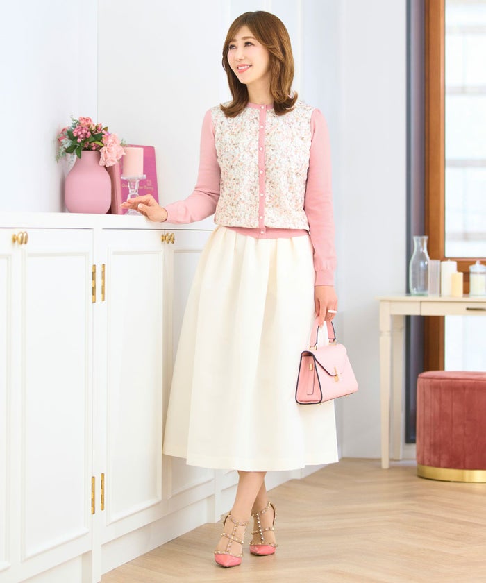 ウォッシャブル ニット カーディガン レディース トップス かわいい きれいめ 大人 オフィス 上品 花柄 白 ジョイントスペース