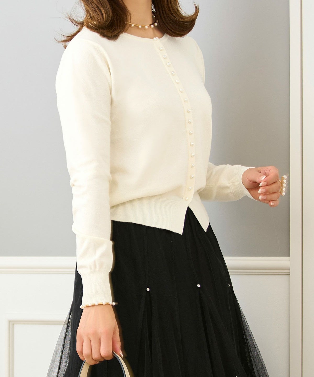 セレクトウォッシャブルトップスニットハイゲージ春秋冬レディースオフィスきれいめかわいい上品大人白黒ジョイントスペース