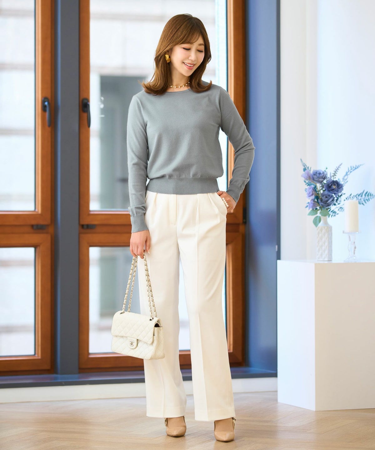 セレクトウォッシャブルトップスニットハイゲージ春秋冬レディースオフィスきれいめかわいい上品大人白黒ジョイントスペース