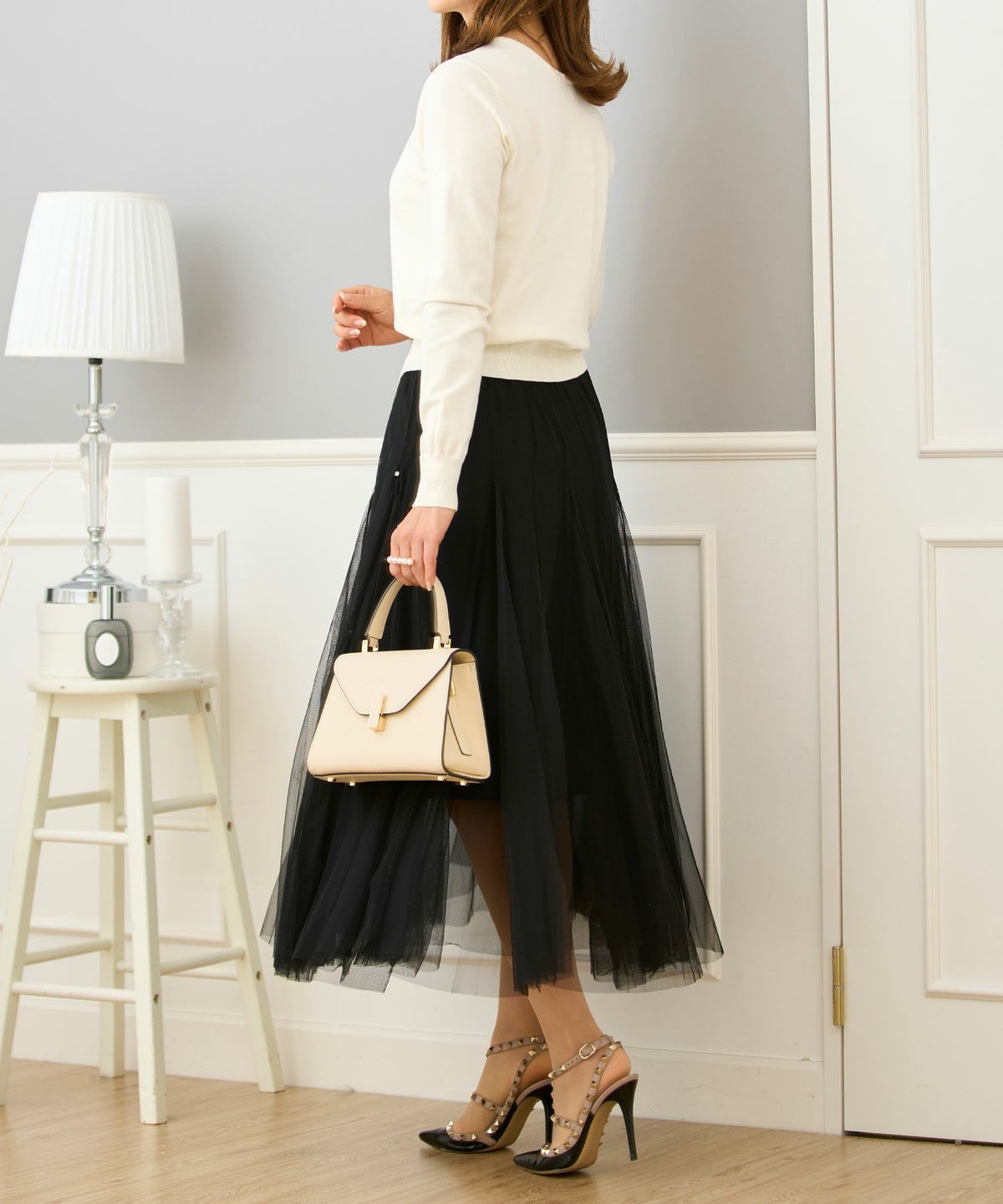 セレクトウォッシャブルトップスニットハイゲージ春秋冬レディースオフィスきれいめかわいい上品大人白黒ジョイントスペース