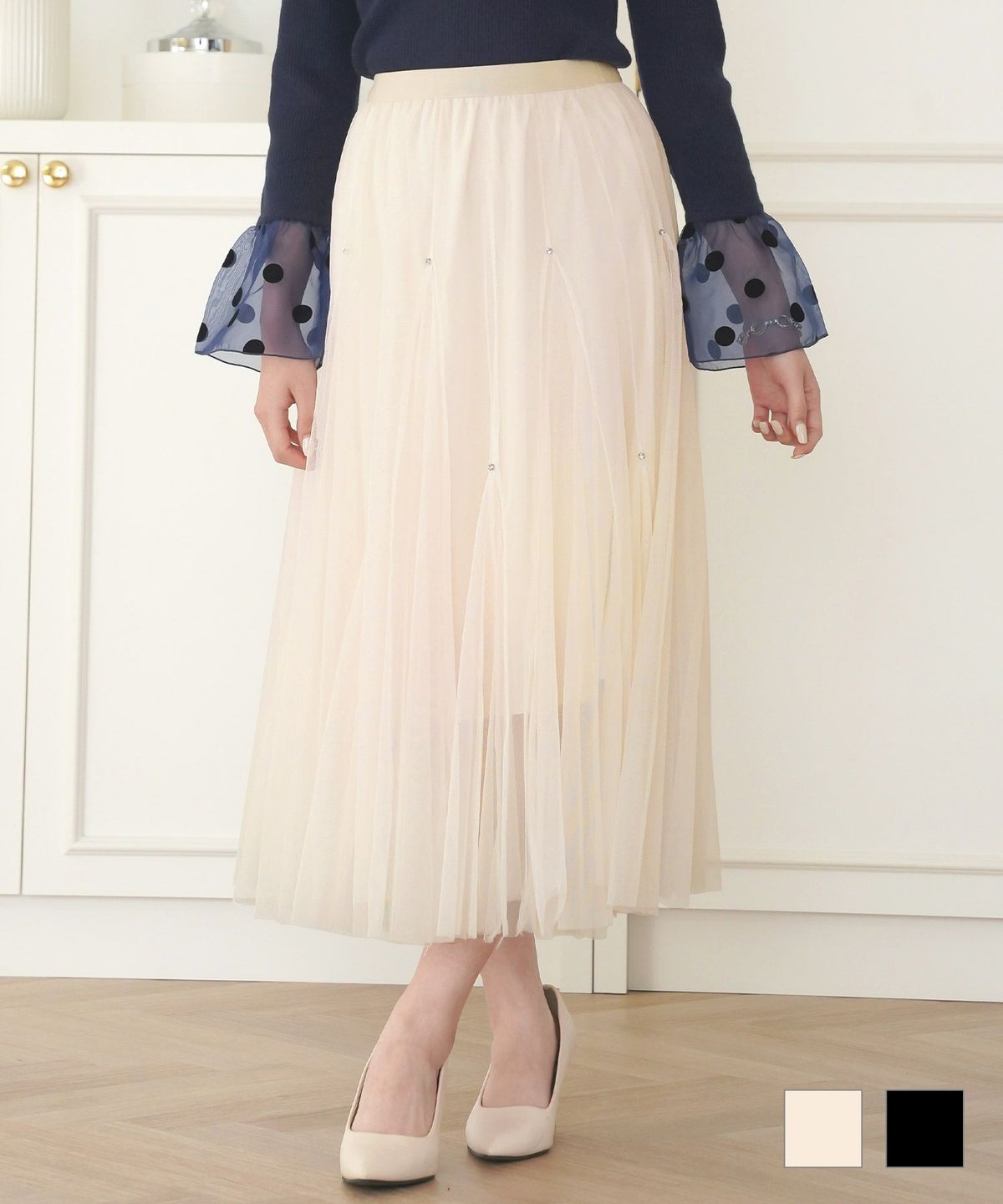 セレクト スカート フレア チュール 白黒 ロング きれいめ かわいい 大人 オフィス ジョイントスペース 前後2WAY ラインストーン付きチュール スカート Prima Scherrer