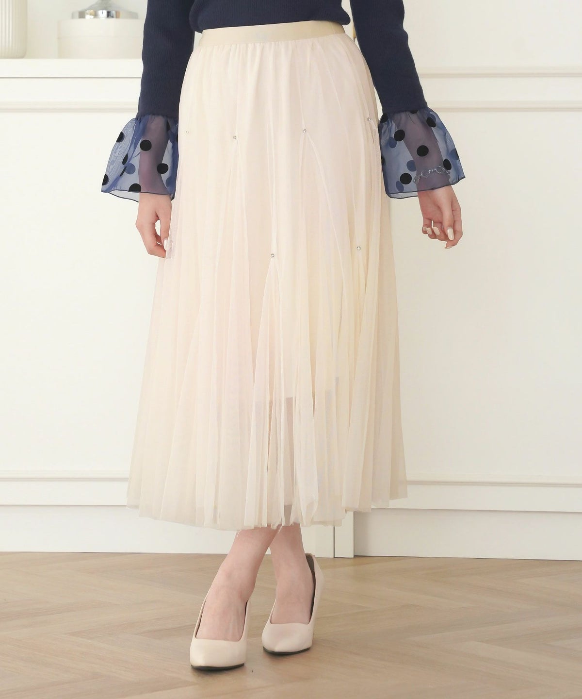 セレクトスカートフレアチュール白黒ロングきれいめかわいい大人オフィスジョイントスペース