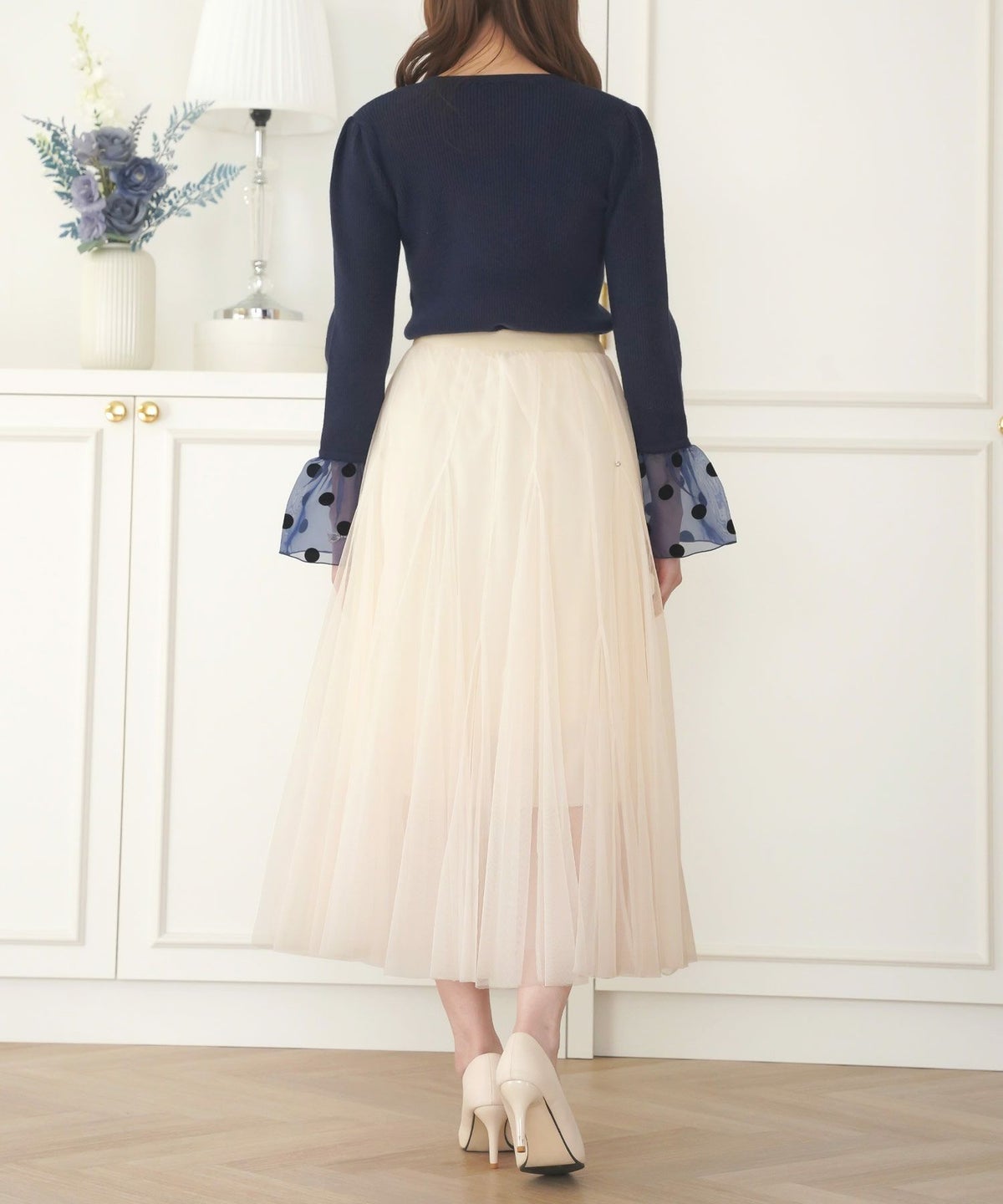 セレクトスカートフレアチュール白黒ロングきれいめかわいい大人オフィスジョイントスペース