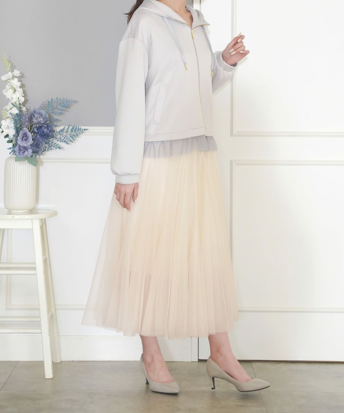 セレクトスカートフレアチュール白黒ロングきれいめかわいい大人オフィスジョイントスペース