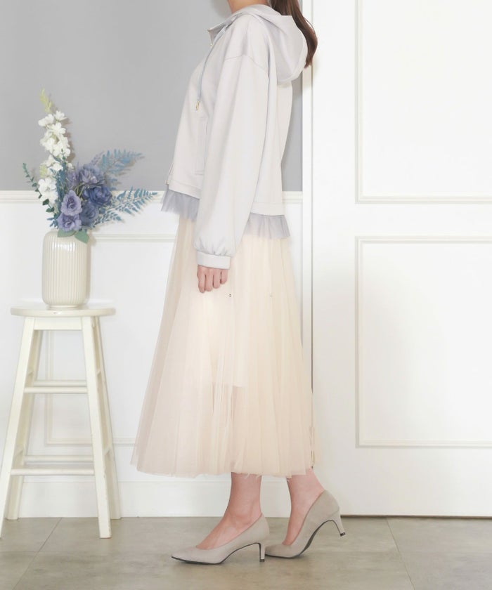 セレクトスカートフレアチュール白黒ロングきれいめかわいい大人オフィスジョイントスペース