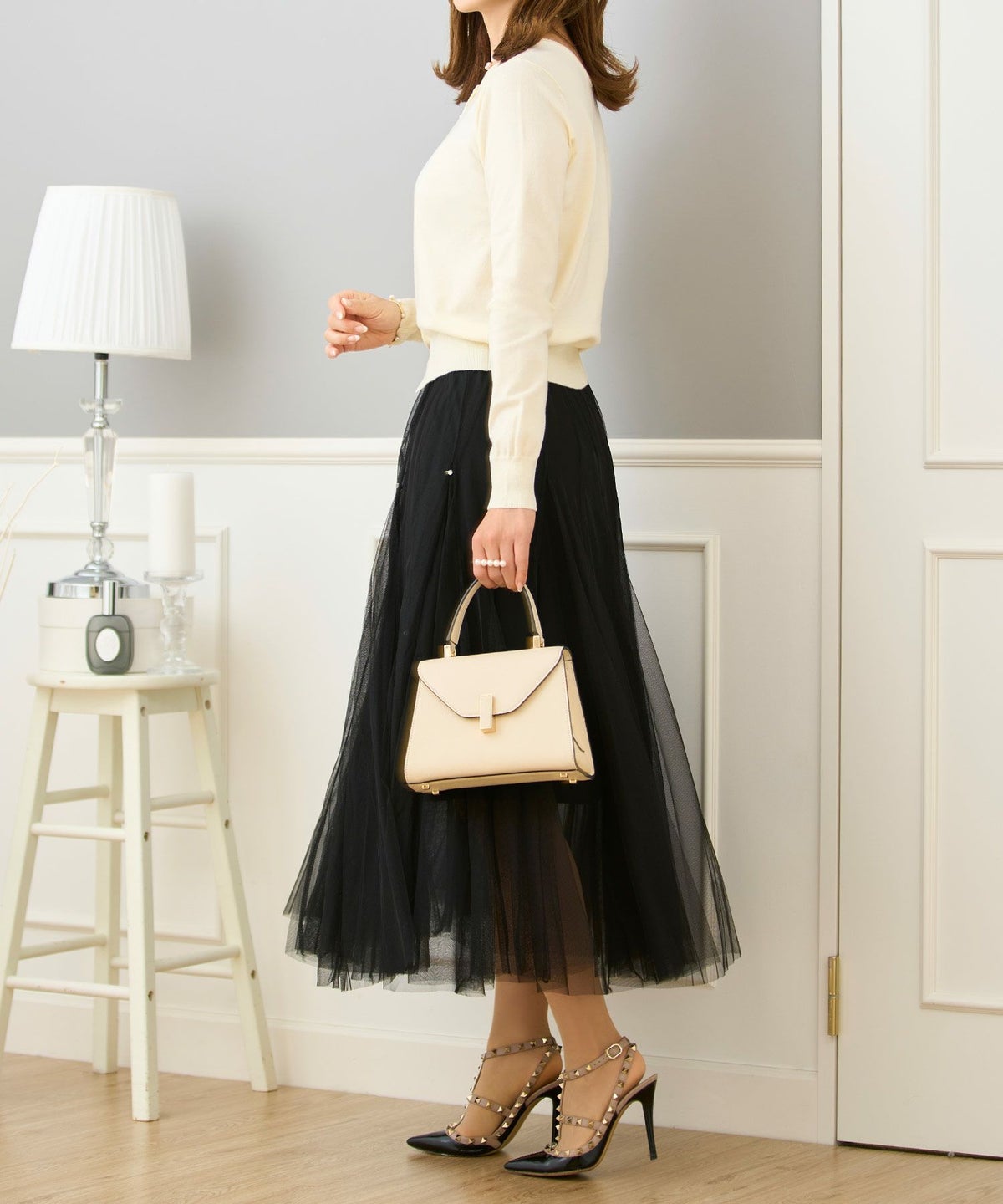 セレクトスカートフレアチュール白黒ロングきれいめかわいい大人オフィスジョイントスペース