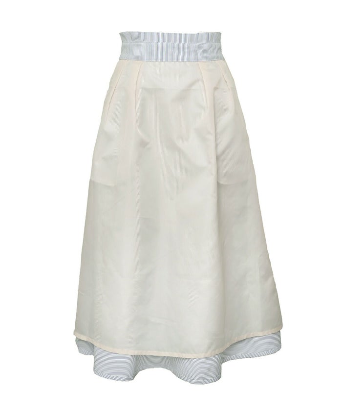 レディース/ボトムス/スカート/フレアスカート/ストライプ柄/刺繍/ロゴ/タック/ポケット/清涼感/春/夏/リボン/ピンク/サックス