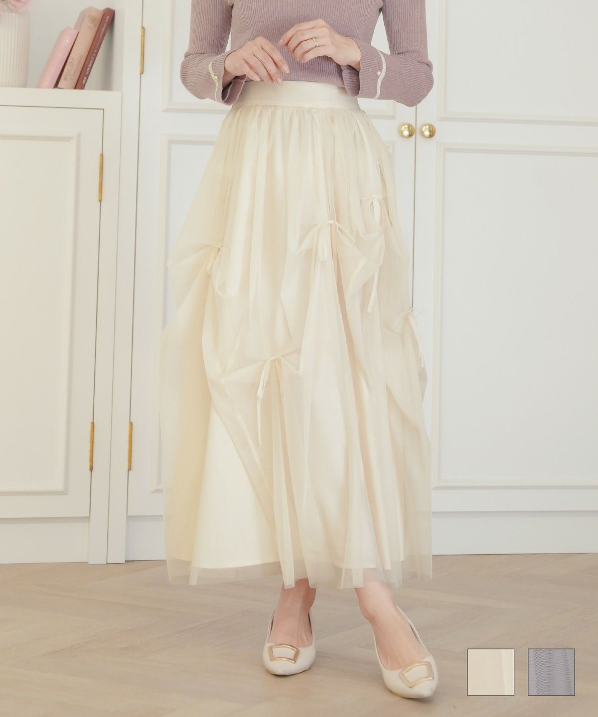 レディース セレクト ボトムス スカート チュール リボン アシメ ランダム シアー 透け感 ウエストゴム 春 夏 秋 冬 フェミニン 上品 エレガント かわいい アイボリ－ グレー ランダム リボン チュール タック スカート le reve vaniller