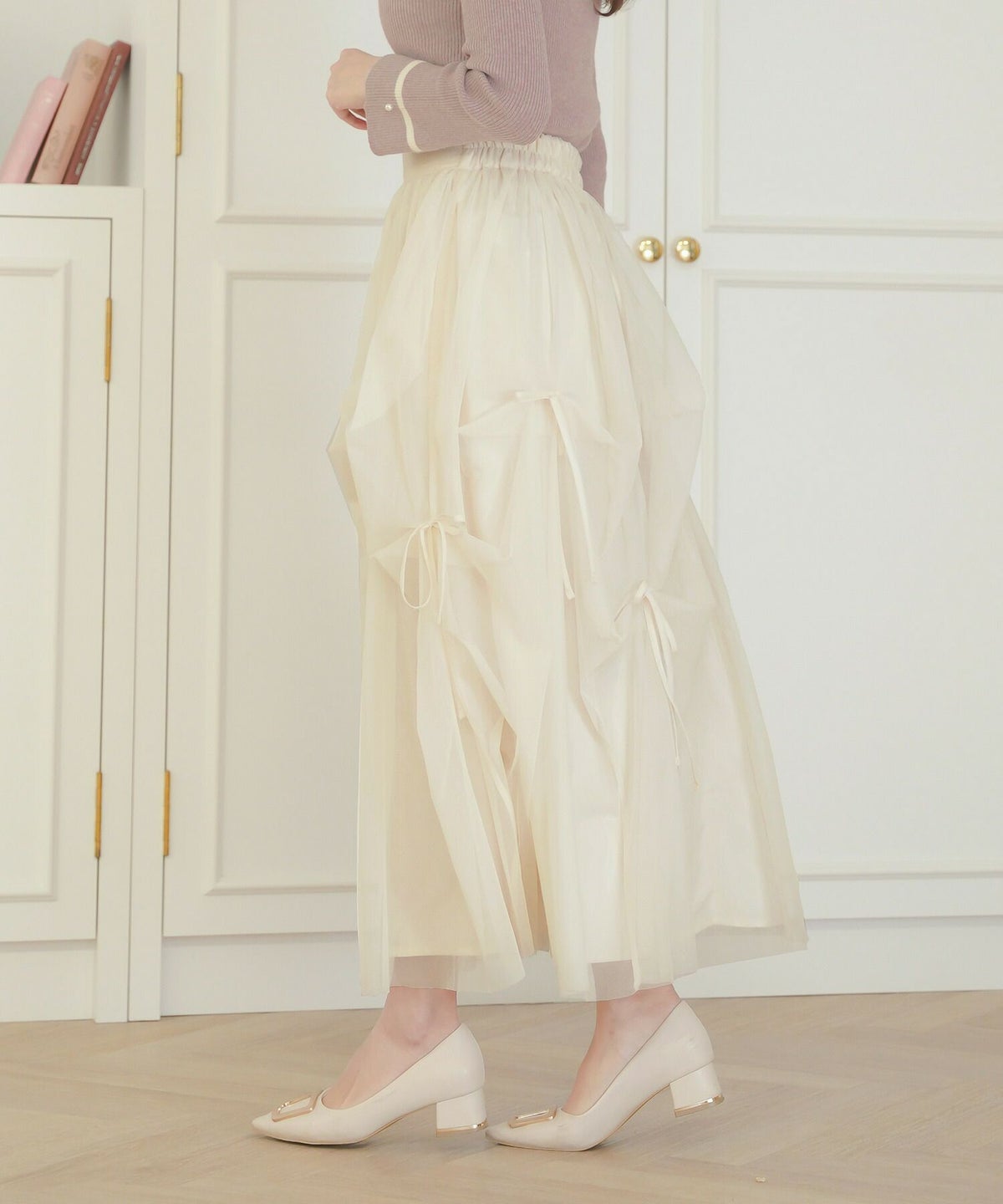 レディース/セレクト/ボトムス/スカート/チュール/リボン/アシメ/ランダム/シアー/透け感/ウエストゴム/春/夏/秋/冬/フェミニン/上品/エレガント/かわいい/アイボリ－/グレー
