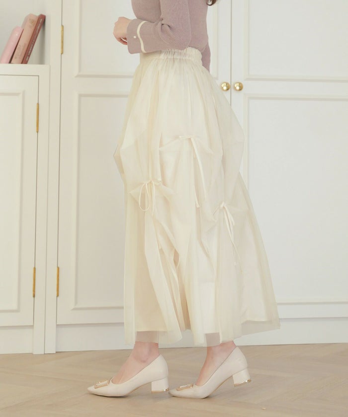 レディース/セレクト/ボトムス/スカート/チュール/リボン/アシメ/ランダム/シアー/透け感/ウエストゴム/春/夏/秋/冬/フェミニン/上品/エレガント/かわいい/アイボリ－/グレー