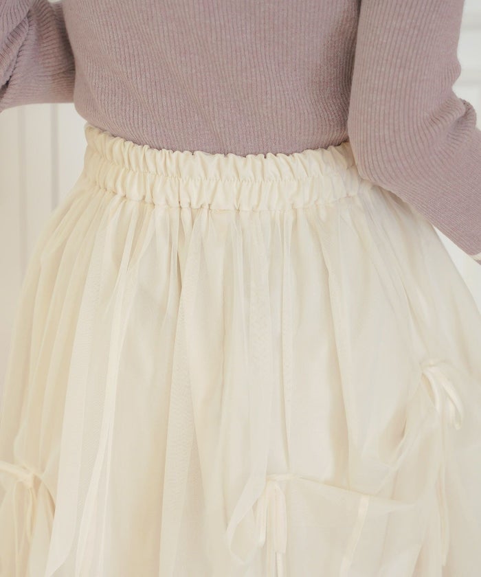 レディース/セレクト/ボトムス/スカート/チュール/リボン/アシメ/ランダム/シアー/透け感/ウエストゴム/春/夏/秋/冬/フェミニン/上品/エレガント/かわいい/アイボリ－/グレー