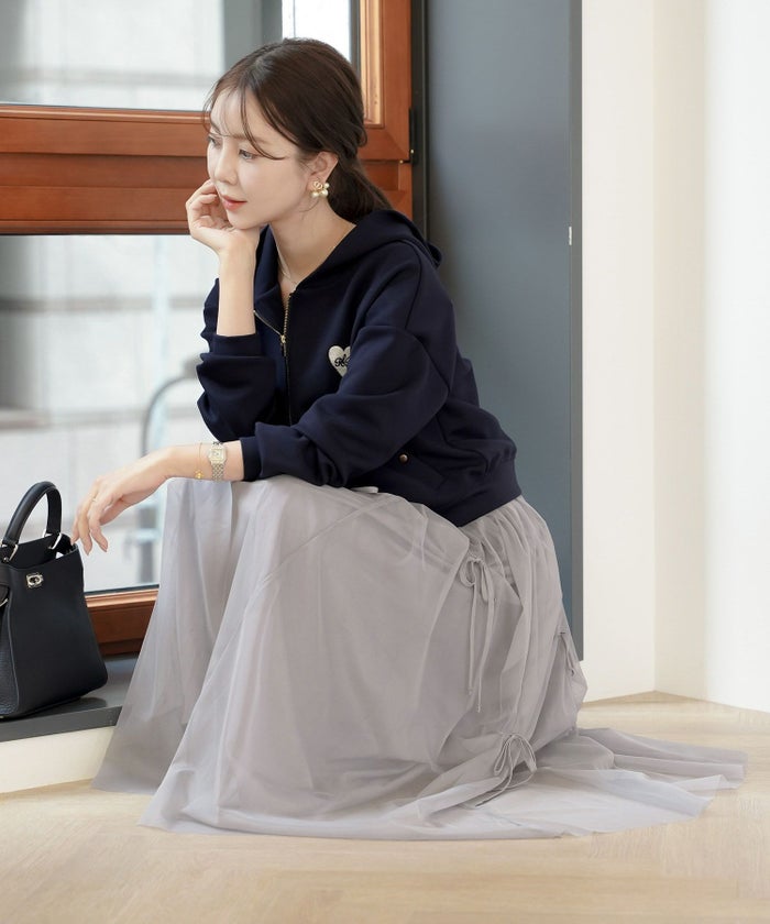 レディース/セレクト/ボトムス/スカート/チュール/リボン/アシメ/ランダム/シアー/透け感/ウエストゴム/春/夏/秋/冬/フェミニン/上品/エレガント/かわいい/アイボリ－/グレー