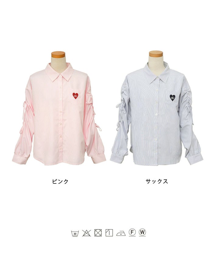 レディース/シャツ/ブラウス/襟/刺繍/リボン/春/夏/パワショル/ハート/ストライプ/カジュアル/ギャザー/ポケット/涼し気/サックス/ピンク/可愛い/フェミニン