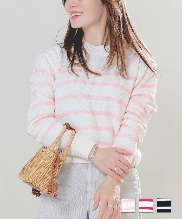 手洗い可トップスレディースニット春秋かわいいオフィスきれいめピンク大人ジョイントスペース くるみボタン付きショルダー ボーダー ニット Liala×PG