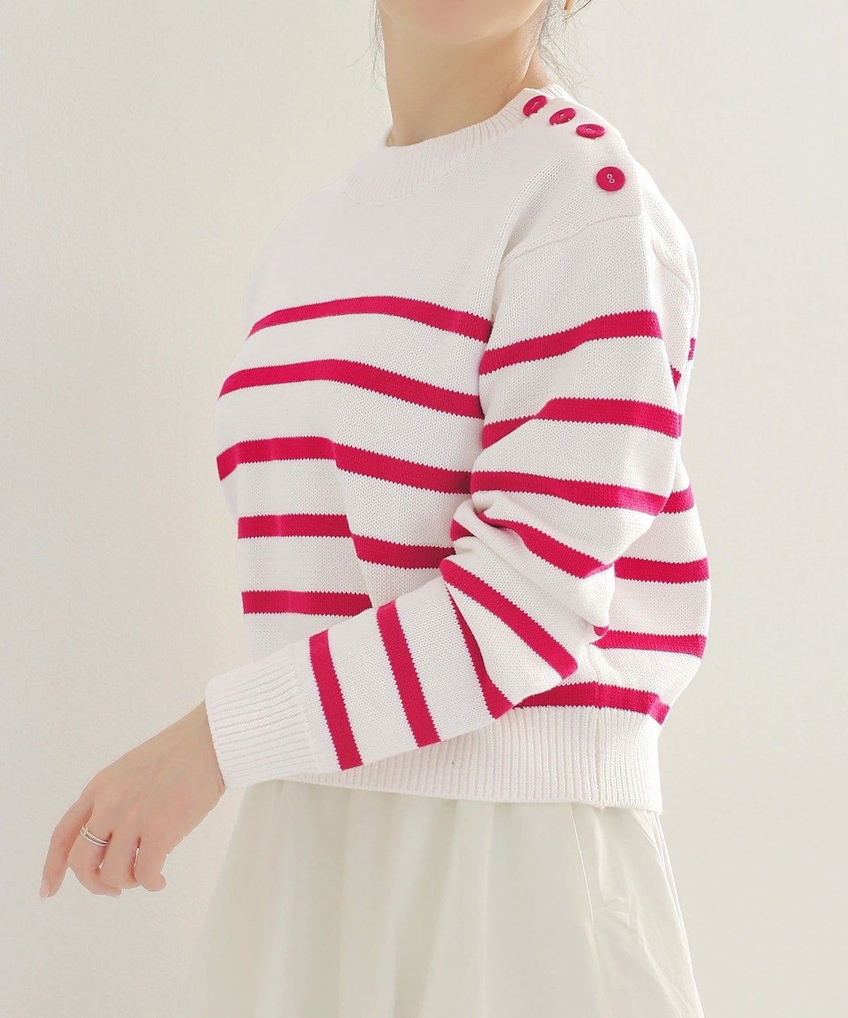 手洗い可トップスレディースニット春秋かわいいオフィスきれいめピンク大人ジョイントスペース