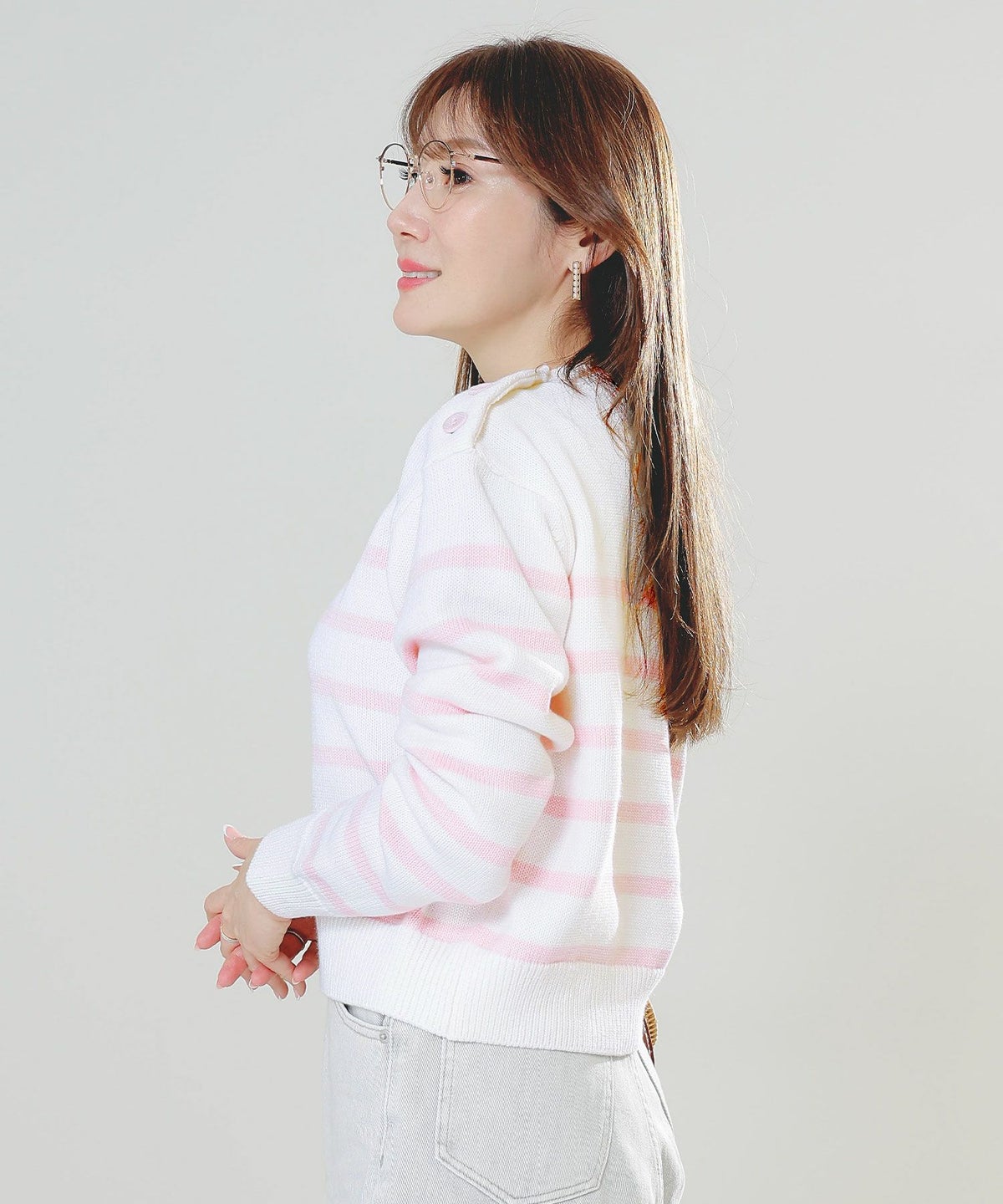 手洗い可トップスレディースニット春秋かわいいオフィスきれいめピンク大人ジョイントスペース