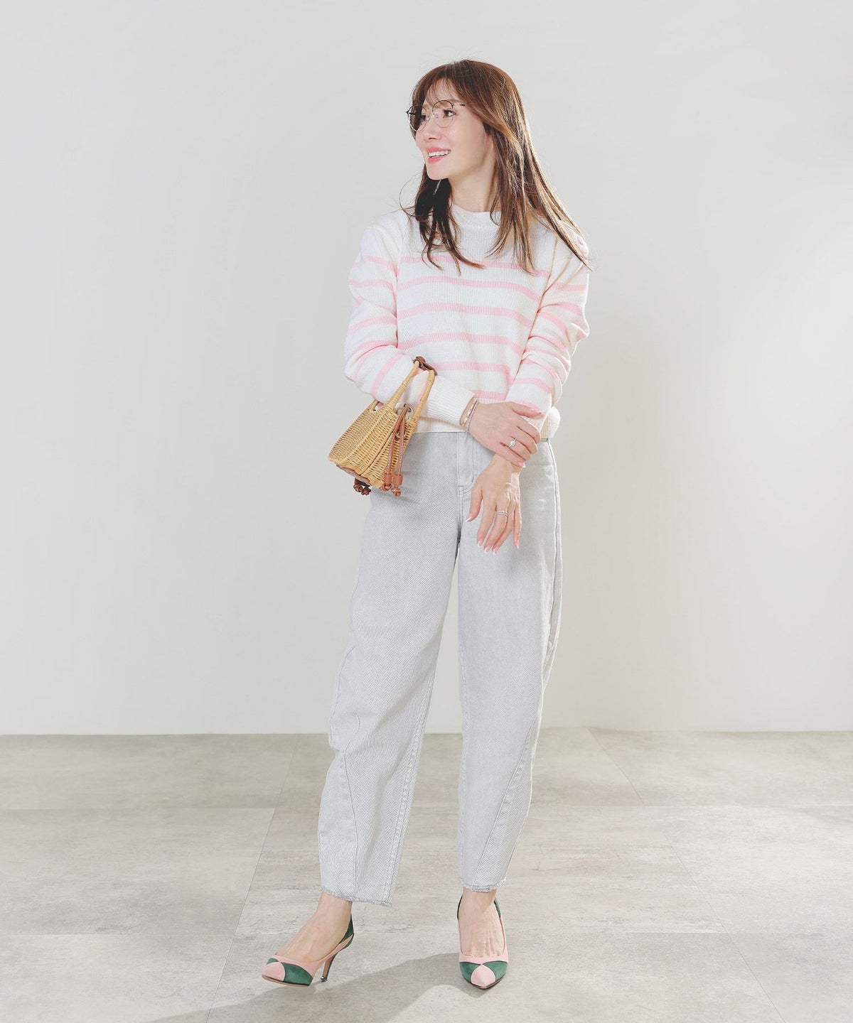 手洗い可トップスレディースニット春秋かわいいオフィスきれいめピンク大人ジョイントスペース