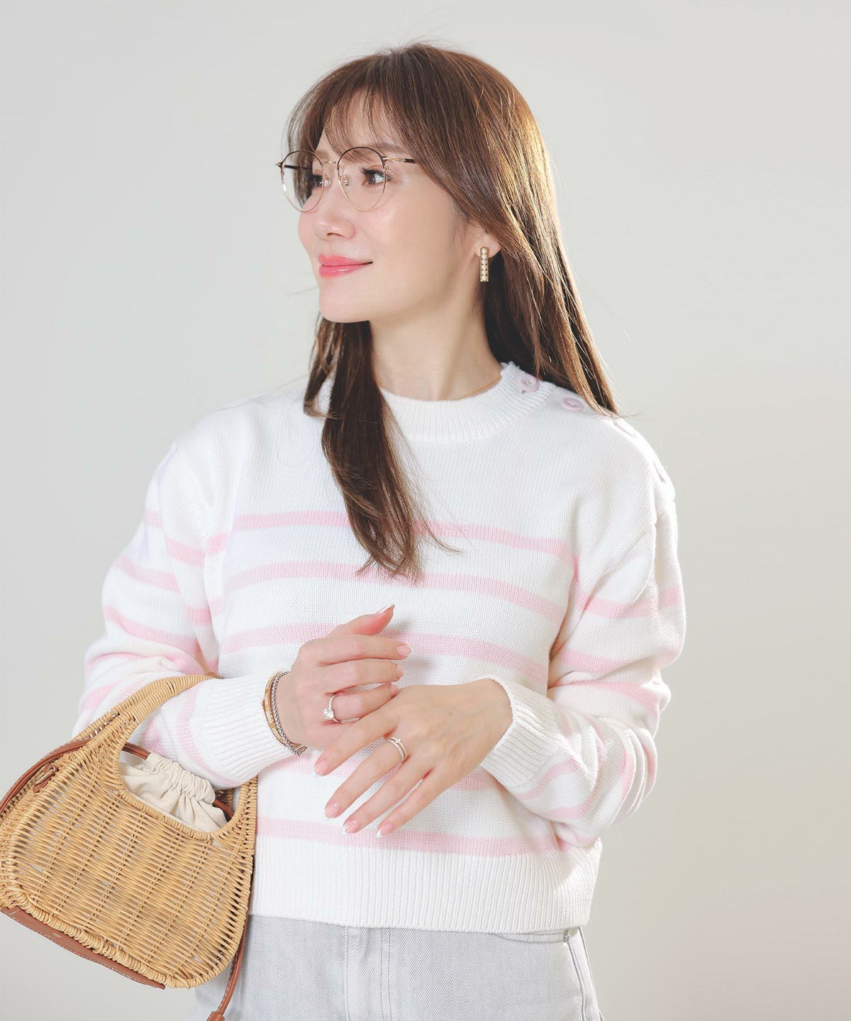 手洗い可トップスレディースニット春秋かわいいオフィスきれいめピンク大人ジョイントスペース