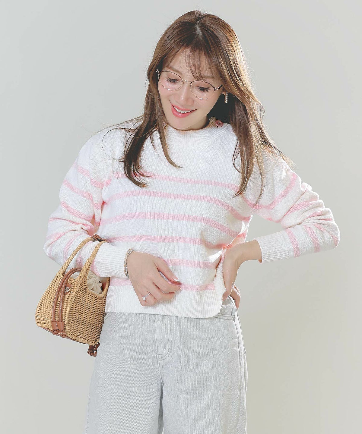 手洗い可トップスレディースニット春秋かわいいオフィスきれいめピンク大人ジョイントスペース