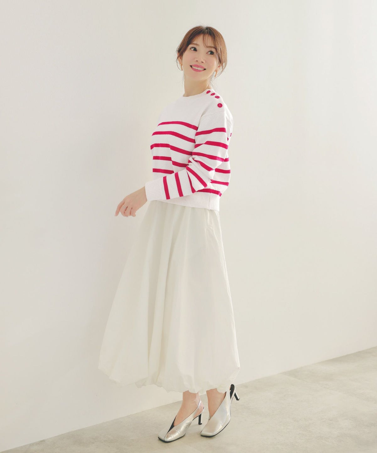 手洗い可トップスレディースニット春秋かわいいオフィスきれいめピンク大人ジョイントスペース