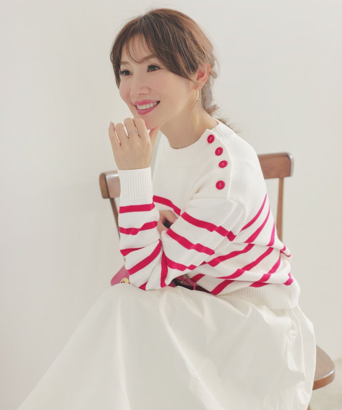 手洗い可トップスレディースニット春秋かわいいオフィスきれいめピンク大人ジョイントスペース