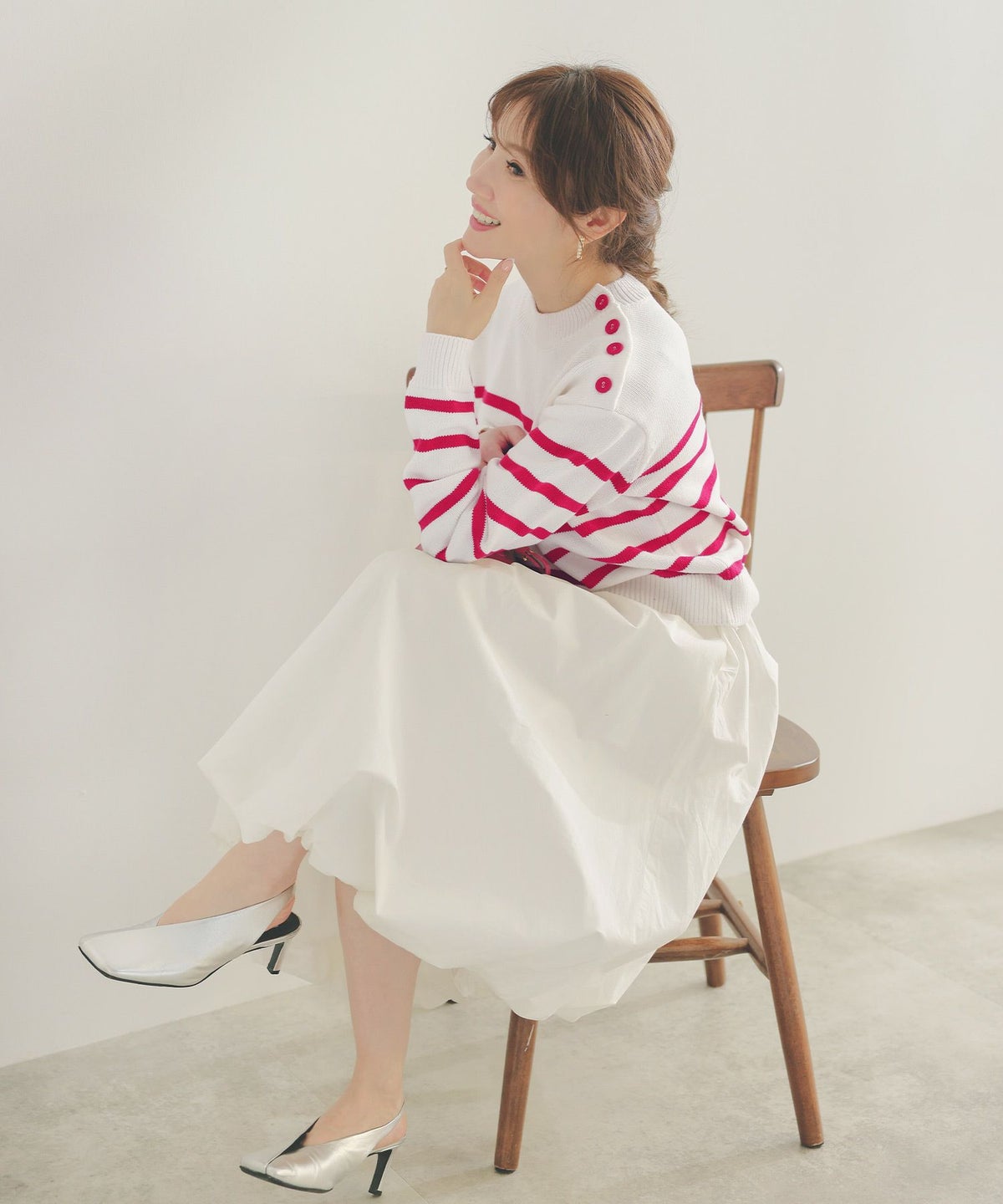 手洗い可トップスレディースニット春秋かわいいオフィスきれいめピンク大人ジョイントスペース