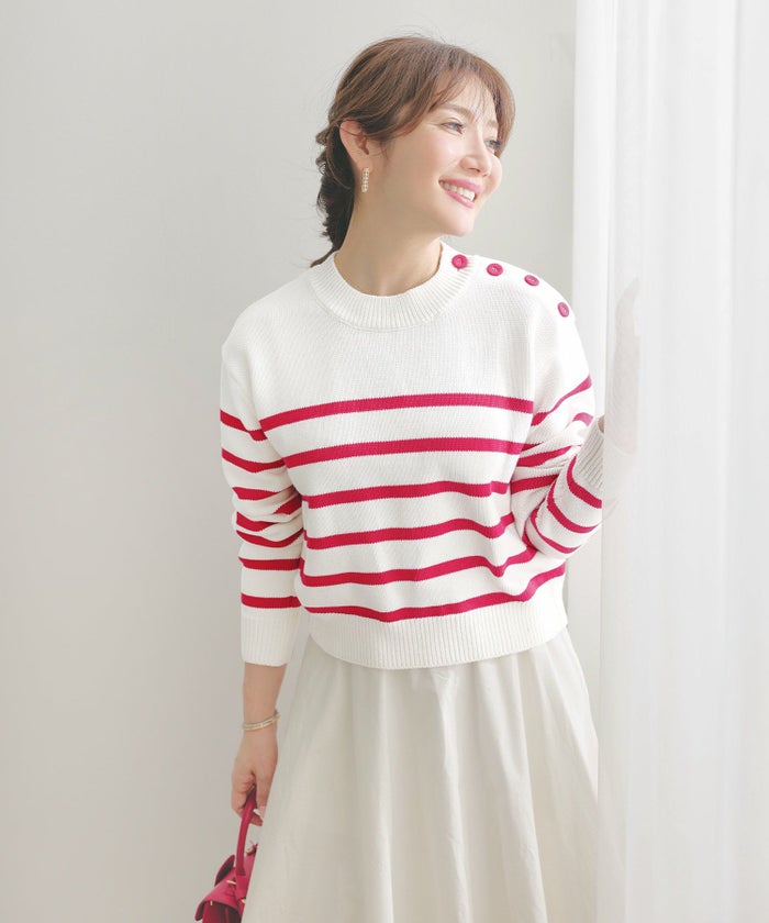 手洗い可トップスレディースニット春秋かわいいオフィスきれいめピンク大人ジョイントスペース