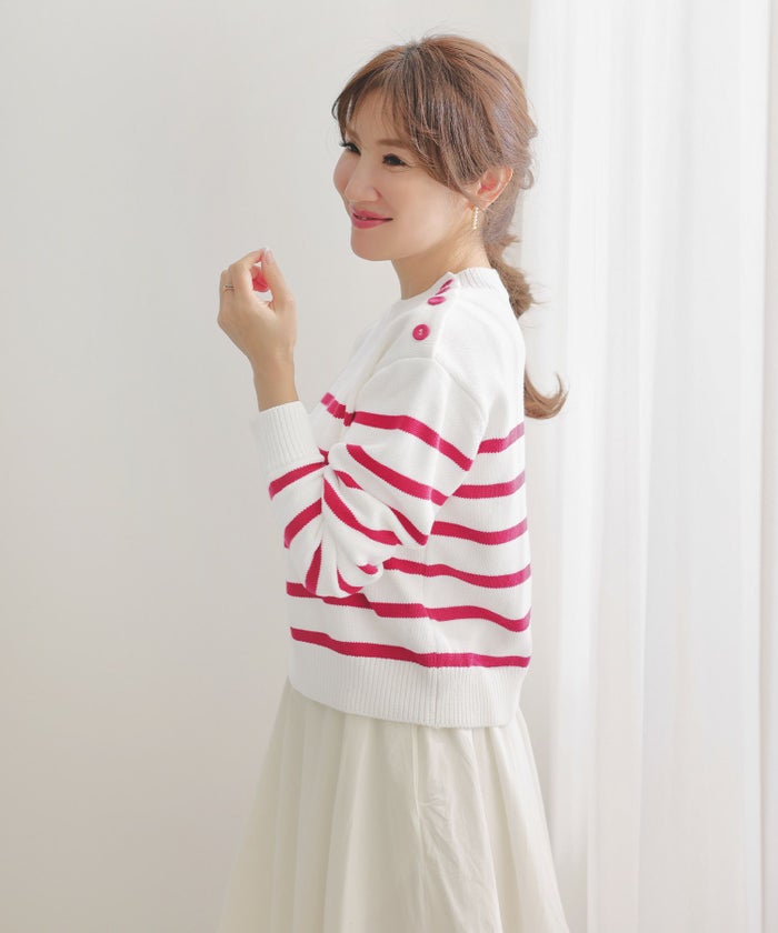 手洗い可トップスレディースニット春秋かわいいオフィスきれいめピンク大人ジョイントスペース