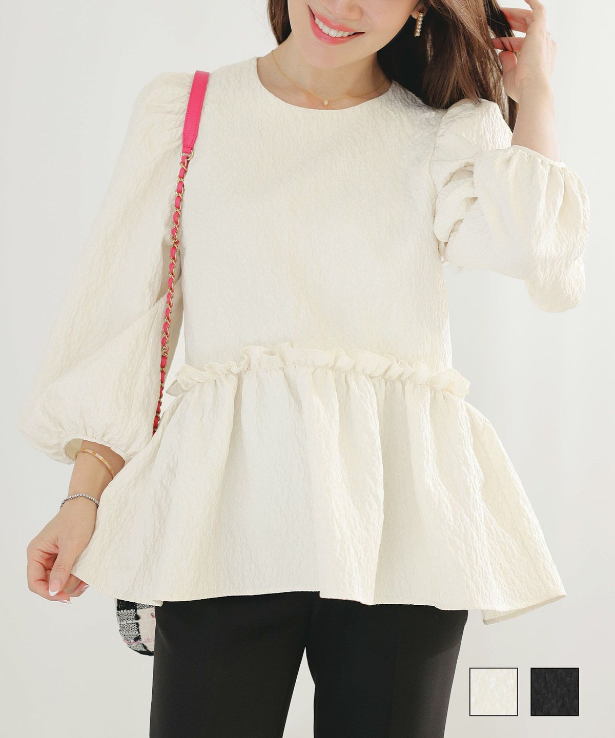 手洗い可 イレヘム パフ袖 フェミニン 春 上品 大人可愛い きれいめ ジョイントスペース 花 ジャガード ペプラム ブラウス Liala×PG