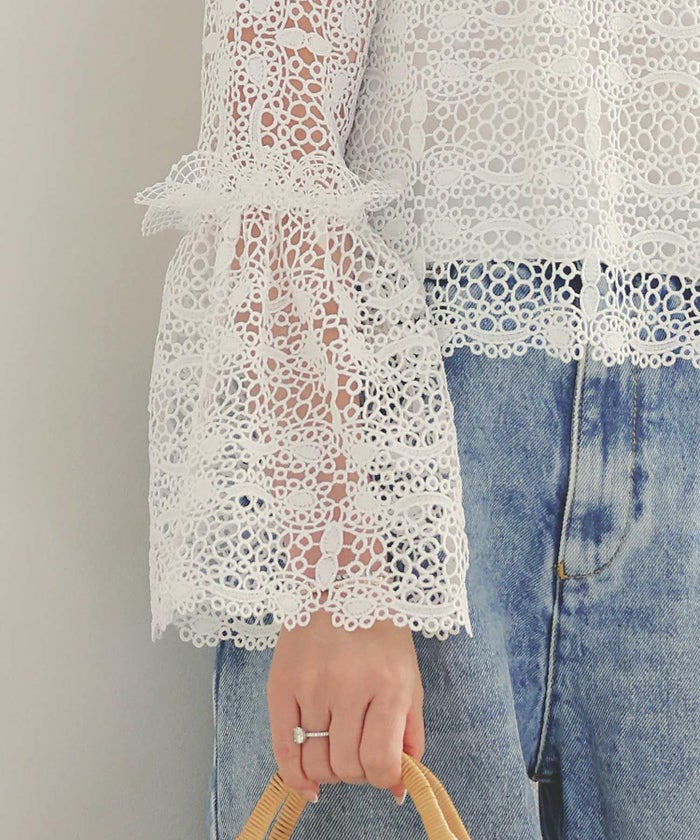 手洗い可レーススタンドカラーおしゃれフェミニン透け感上品きれいめオケージョン長袖白黒ジョイントスペース