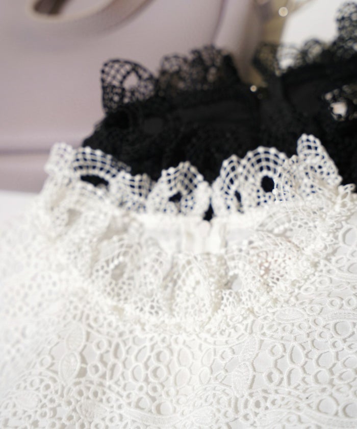 手洗い可レーススタンドカラーおしゃれフェミニン透け感上品きれいめオケージョン長袖白黒ジョイントスペース